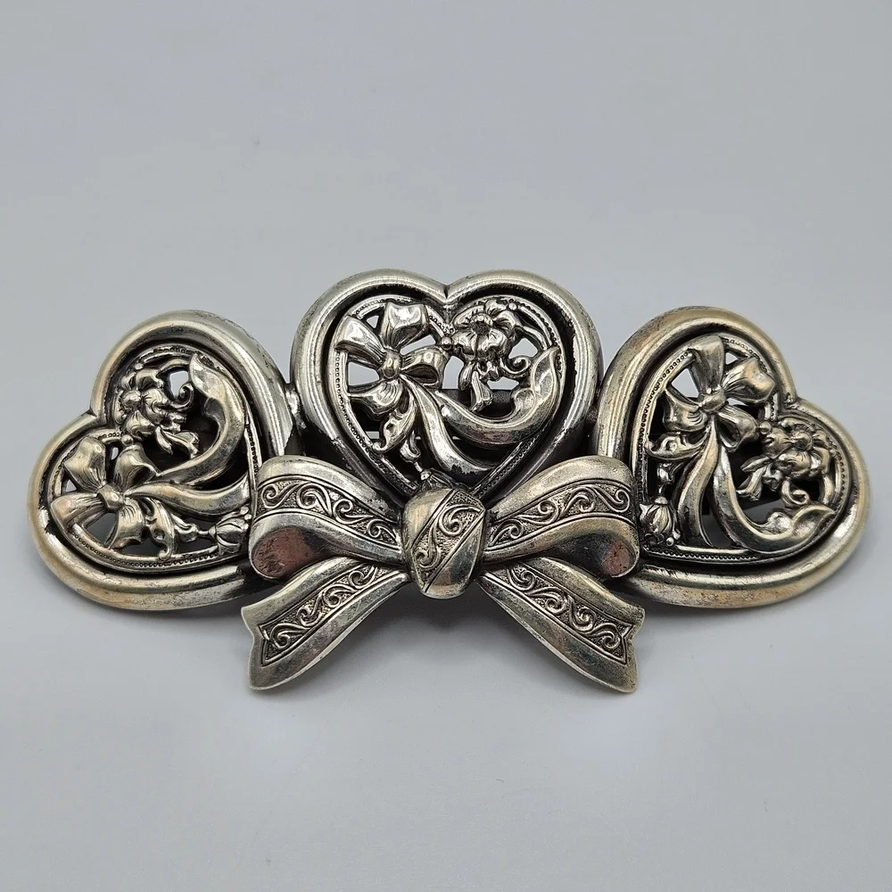 VINTAGE Art Deco Silver Plated Hearts French Hair Barrette Made in France